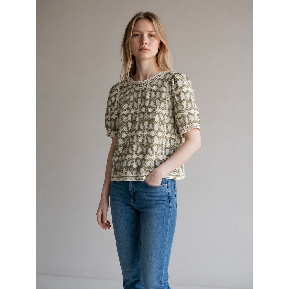Solitaire Women XL Olive Green Floral Crochet Puff Sleeve Blouse Top 23-439